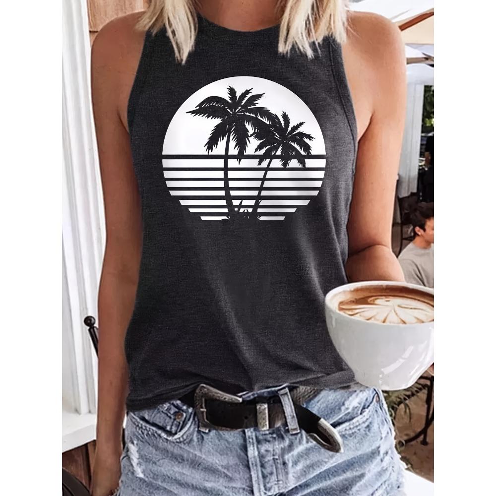 Women's Summer Coconut Tree Printed Loose Large Breathable and Comfortable Sleeveless Tank Top T-shirt