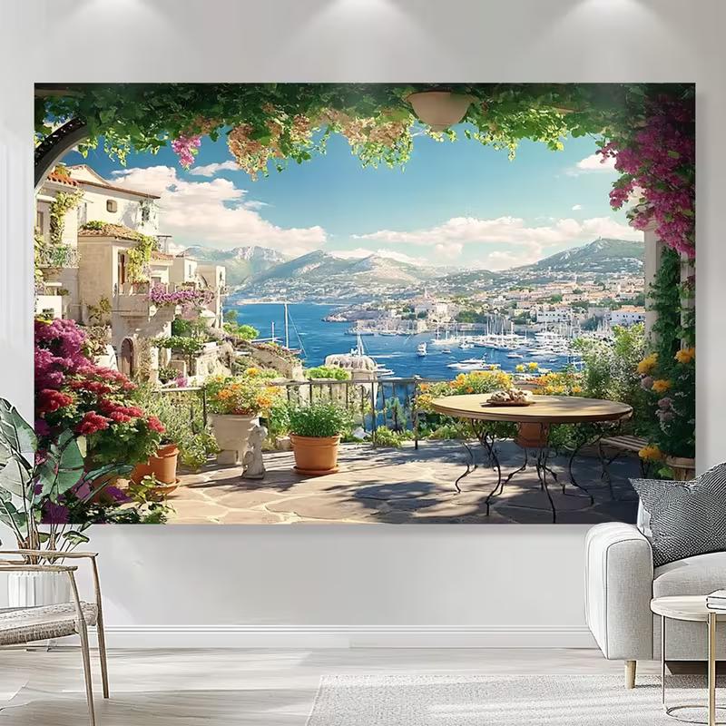 

Гобелен с балконом на побережье Амальфи, прибрежный город и синее море для гостиной 47.2x31.5inch/120*80cm