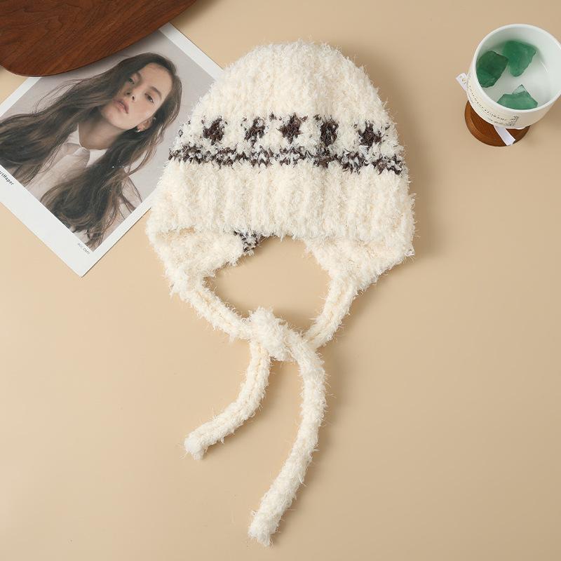 

Зимняя женская шляпа с широкими полями делает лицо маленьким, вязаная шапка с защитой ушей, модная, универсальная, плюшевая, теплая шерстяная шапка One Size