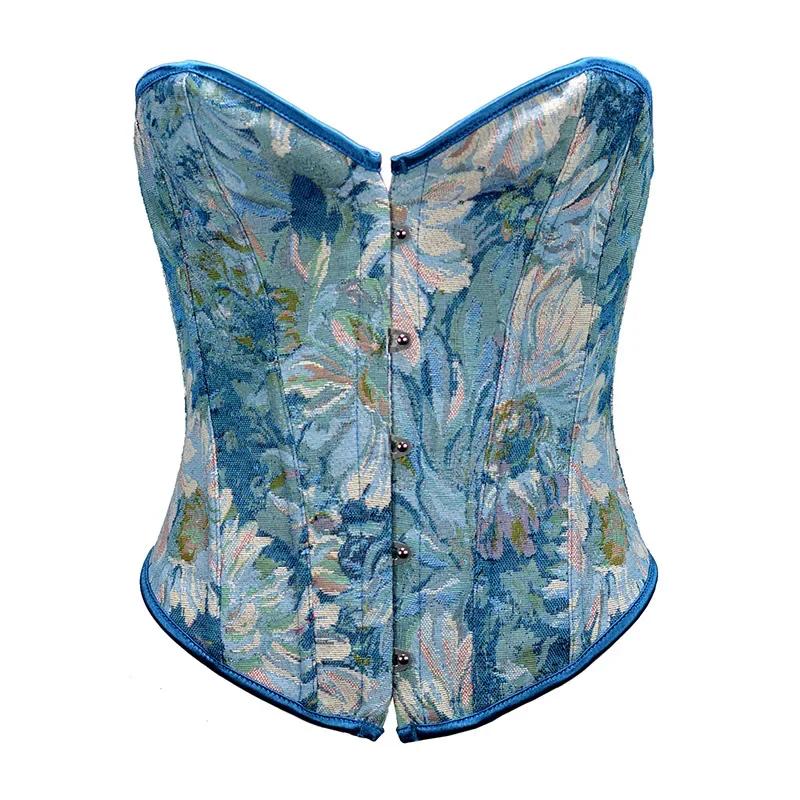 Corsé Floral Vintage para Mujer Top Denim Overbust con Cordones Corselet con Ballenas Lencería Moldeador Corporal Bustier
