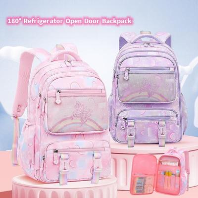 Zaino per Bambine delle Elementari Moda Motivo Arcobaleno Farfalla Borsa da Studio Leggera Apertura a Porta Frigo Zaino per Bambini Classe 1 3 A 6