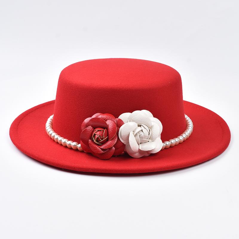 French Style Fedora Hat for Women  Winter Elegant Fashion Formal Wedding Decorate Church Cap Wide Brim Flat Top Felt Party Hat