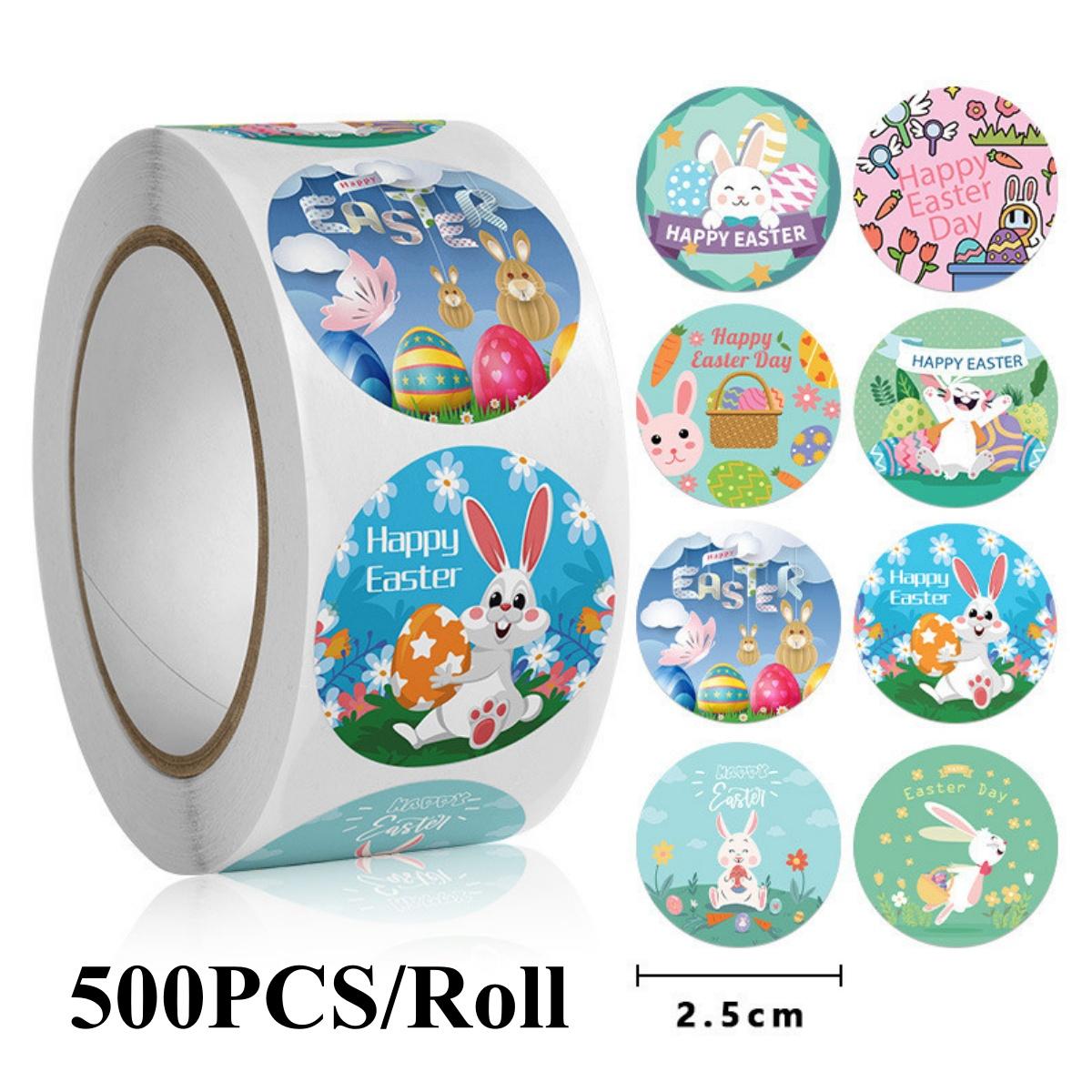 1-3Rolls (500Pcs/Roll) Easter Stickers 1 In Bunny Stickers Cute Egg Stickers for Happy Easter Party Supplies, Gift Decorations 1Roll-500pcs