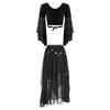 Womens Belly Dance Costume V Neck Lace Up 3/4 Tulle Flare Sleeve Crop Top Sequin Beaded Chiffon Skirt