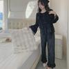 2024 Women's Gold Velvet Pajamas Set: Lace-Trimmed Long-Sleeve Top & Trousers, Autumn/Winter Court Style