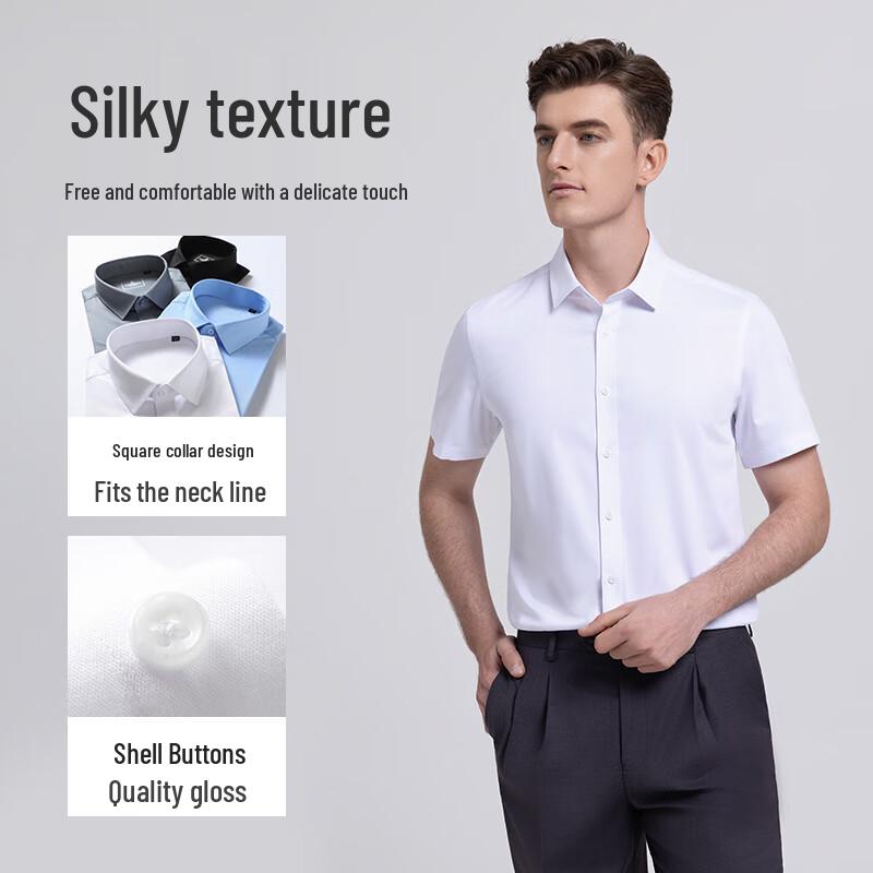 Langdeng Men's Bamboo Fiber Anti-Wrinkle Short Sleeve Business Shirt