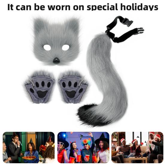Furry Therian Kostýmová sada pro dívky ženy ocas z umělé kožešiny plyšová maska nadýchané tlapkové rukavice sada liška kočka vlk zvíře cosplay doplňky