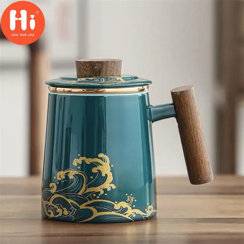 

Керамическая чашка с крышкой и фильтром, фарфоровая чашка для разделения чая, большая кофейная кружка с деревянной ручкой, посуда для напитков