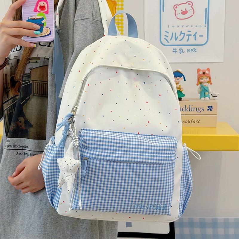 Schoolbag New INS Cute Polka Dot Plaid Backpack, Backpack for Primary and Secondary School Students, Lightweight Large-capacity Travel Backpack 