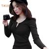 T-Mix Solid Color Women Ribbed Long Sleeve Round Neck Buttons Slim Fit T-shirt Blouse