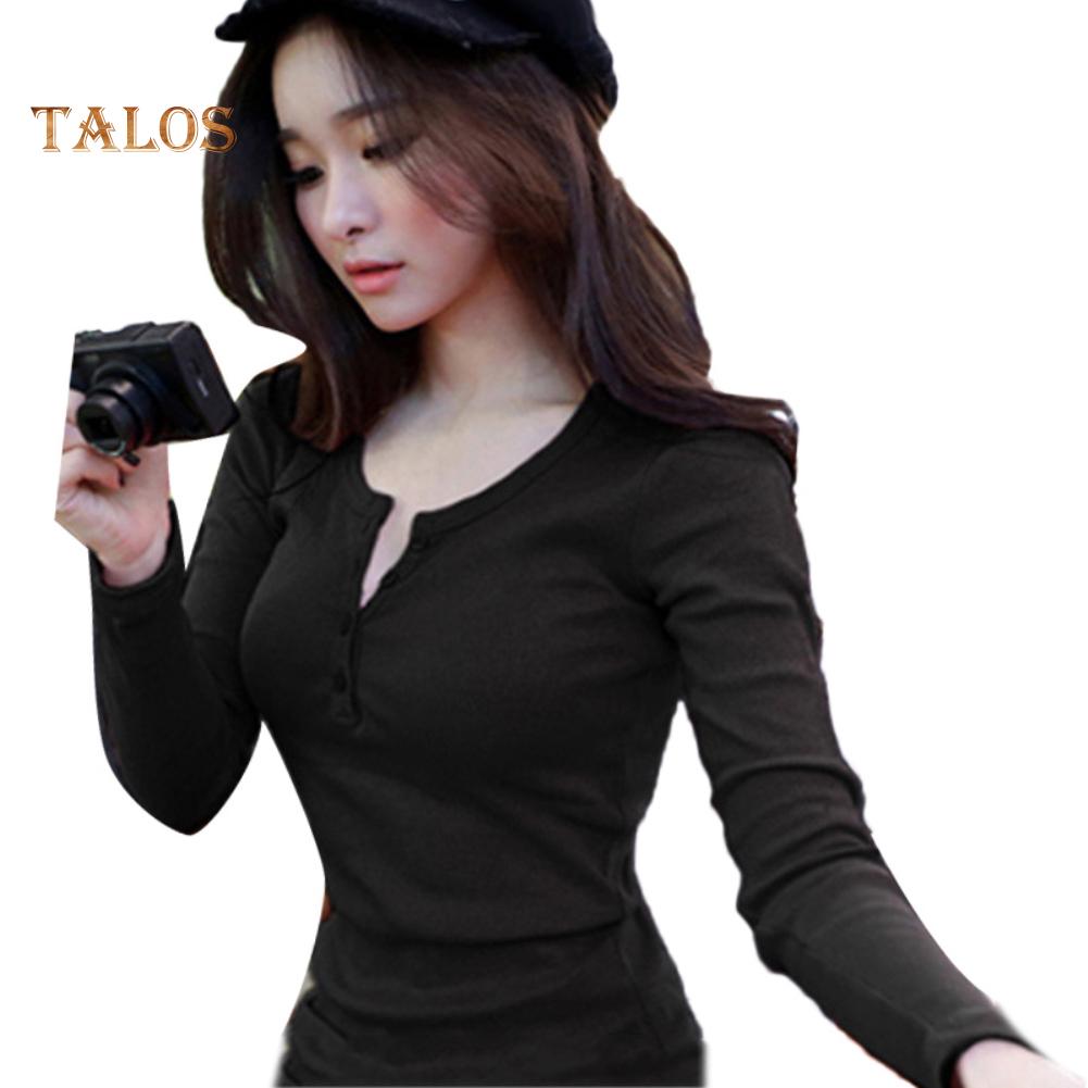 T-Mix Solid Color Women Ribbed Long Sleeve Round Neck Buttons Slim Fit T-shirt Blouse
