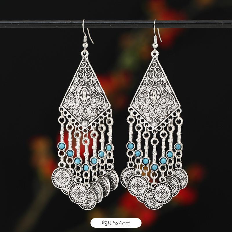 Retro Exotic Ancient Silver Coins Tassel Earrings Women's Long Personalized Earrings Niche Earrings