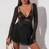 New mesh split horn long-sleeved dress, European and American sexy backless splicing suspender A-shaped skirt