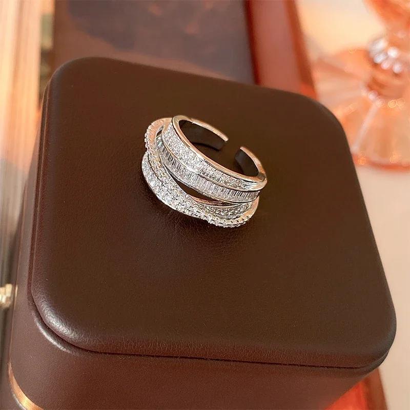Light Luxury Inlaid Cubic Zircon Finger Ring for Women Classic Cross Design Open Ring Bride Zircon for Engagement Wedding