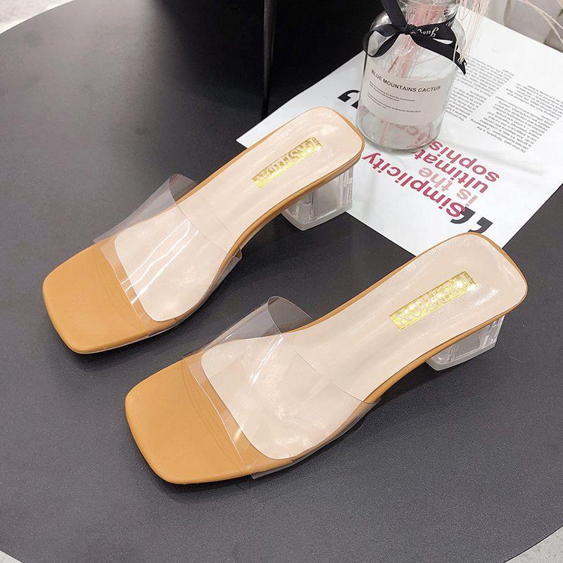 2025 New Summer Fashion High Heel Outer Wear Coarse Heel Medium Heel Soft Leather Transparent Crystal and Cool Slippers Outdoor Half Slippers
