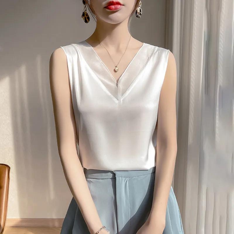 Women's White Satin Tank Top V-Neck Mesh Trim Sleeveless Casual Slim Fit Camisole