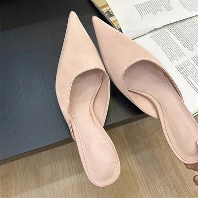 Novo verão conciso dedo do pé apontado chinelos femininos moda fina salto baixo bombas de festa mules sapatos slide