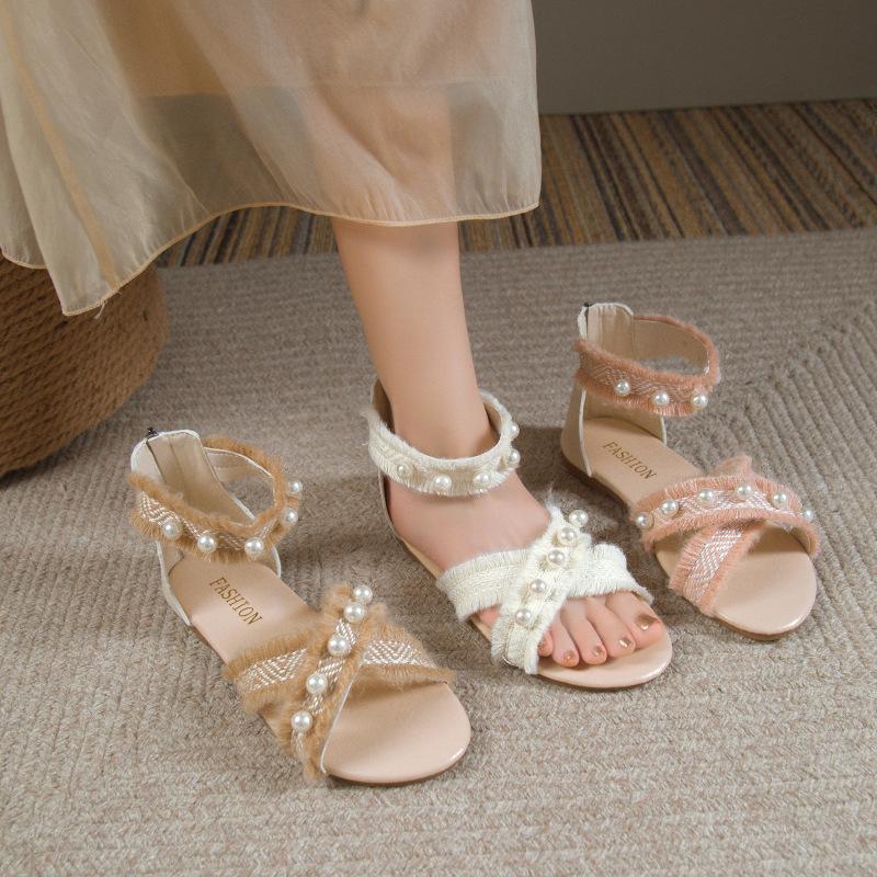 Pearl Flat Sandals for Women 2024 New Back Zipper Cross Casual Outwear Fish Mouth Sandals