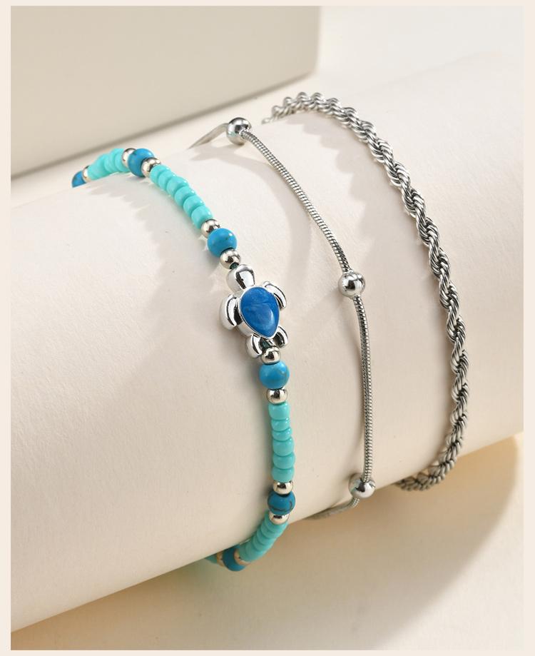 Layers Anklet Set for Women Twisted Chain Teal Turtle Charm Stainless Steel Non-tarnish Foot Bracelet Adjustable