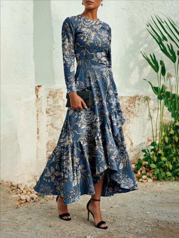 

Платье для женщин в ретро-стиле, с длинным рукавом, круглым вырезом и асимметричным кроем (Издание 2026 года) Medium цветочный