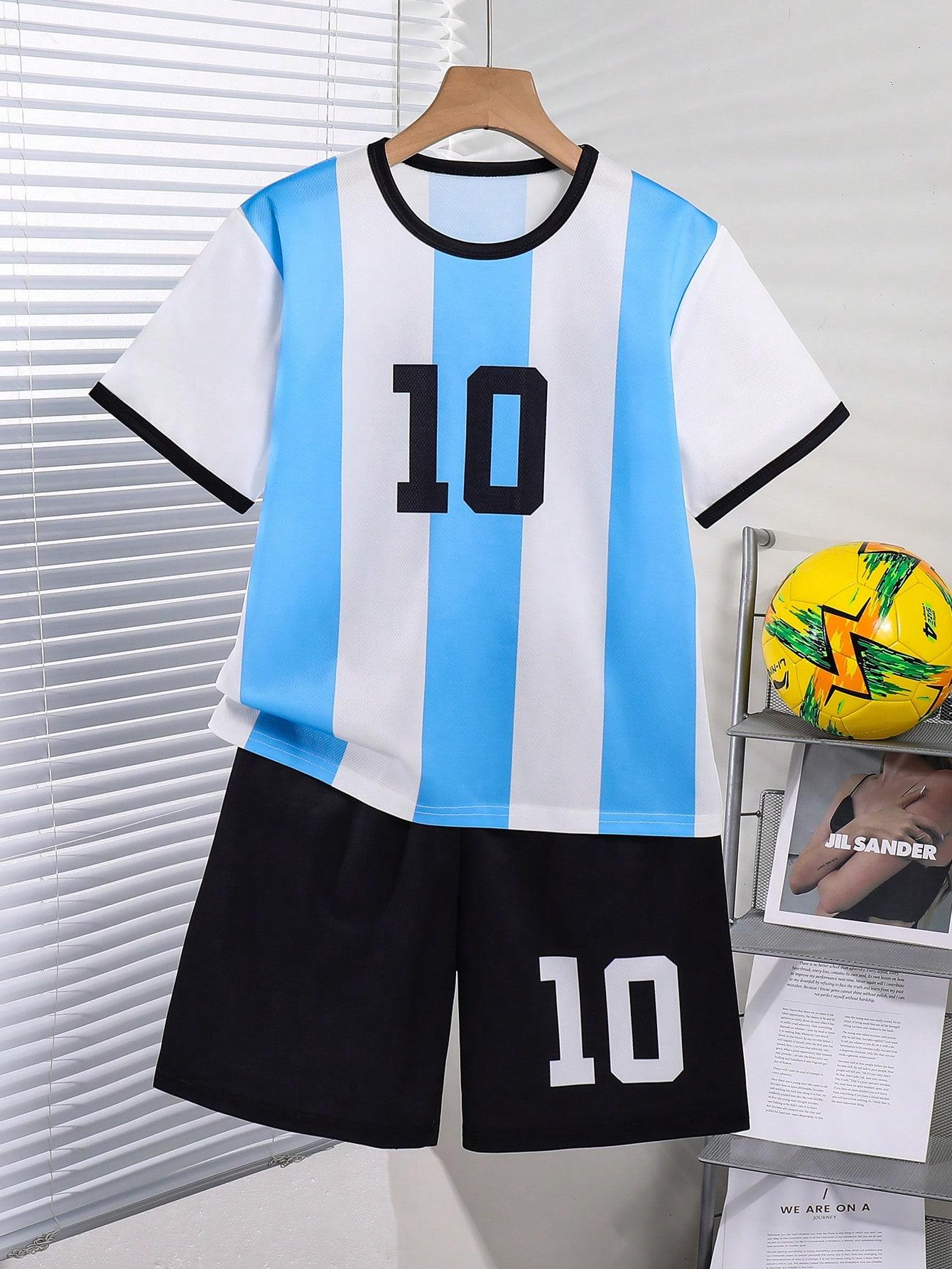 

2-Piece Boys Outdoor Sports Soccer Uniform Set — GOAT 10 Print, Color-Block Crew Neck Short-Sleeve Top & Shorts — Spring/Summer Style 4Y синий