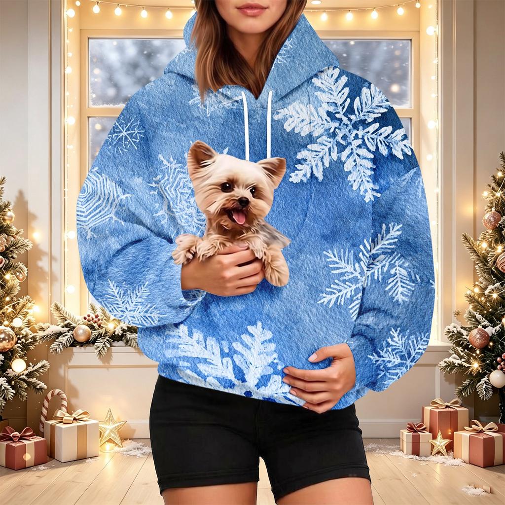 Damen Mode Kariertes Kapuzensweatshirt mit Tier Tasche, Lässiger Pullover Hoodie