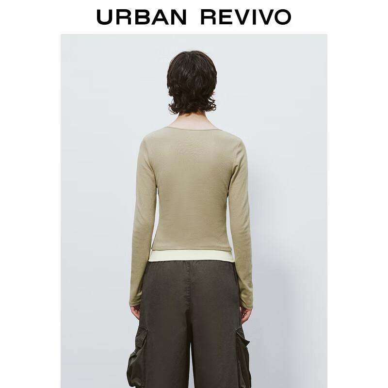 UR 2025 Women's Autumn Slim-Fit Faux Two-Piece Color-Block T-Shirt