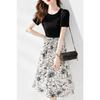 Summer Women's Dress Crew Neck Short Sleeve Black White Floral Print Casual Dress