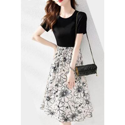 Summer Women's Dress Crew Neck Short Sleeve Black White Floral Print Casual Dress