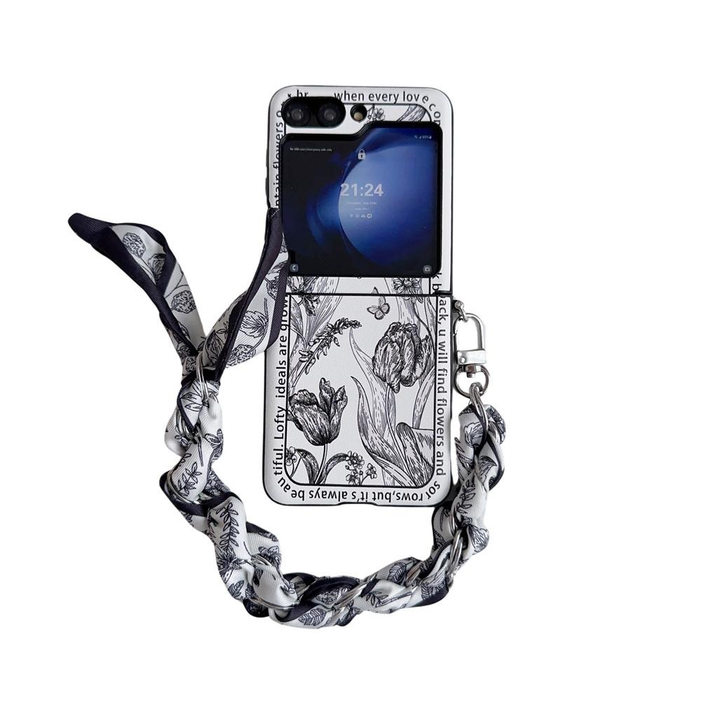 

Чехол-ремешок из кожи с цветочным узором для телефона Galaxy Z Flip 3 4 5 6 ZFlip 6 Flip 5 ZFlip4 Ультратонкий шелковый чехол-браслет с шарфом Z Flip 6 For Samsung Z Flip 4