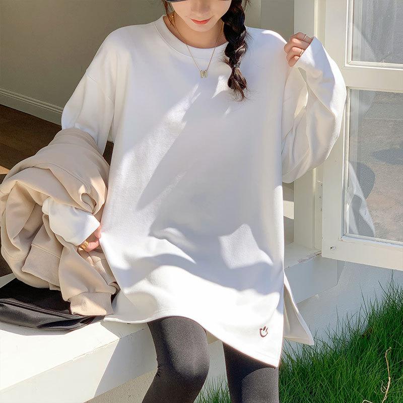 

Белая немецкая велюровая футболка средней длины свободного кроя с длинным рукавом для женщин на осень и зиму, вышитый разрезной дизайн с базовым топом XL