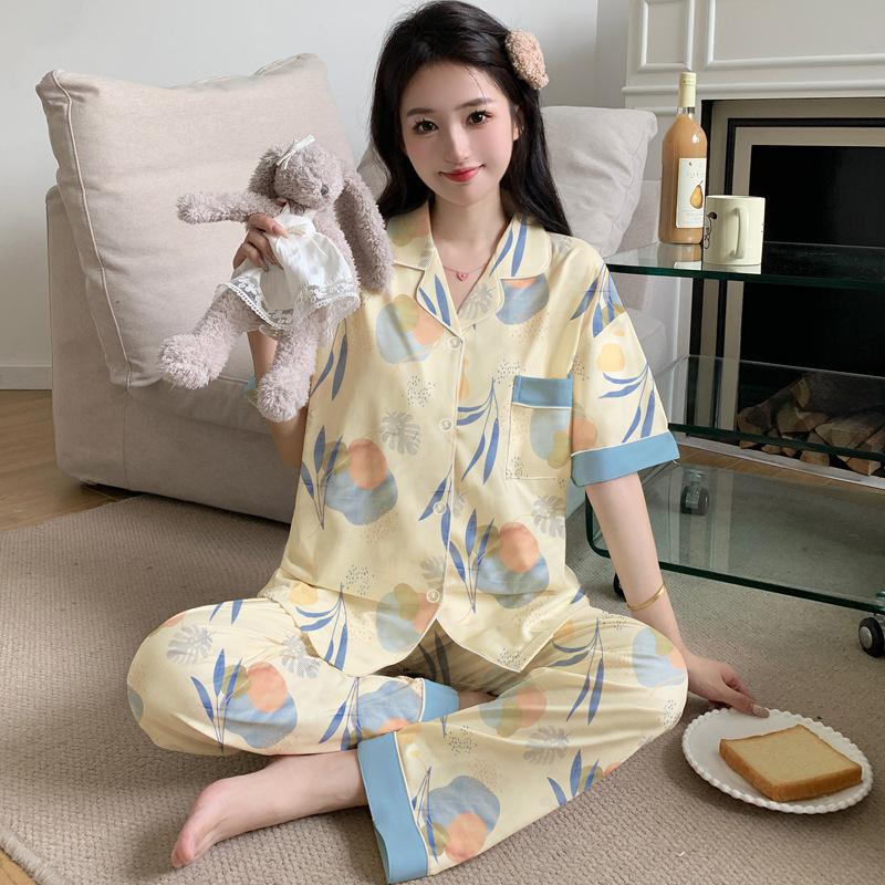 Contrasting color imitation cotton pajamas women's summer short-sleeved trousers small floral large-size loungewear medium mother suit