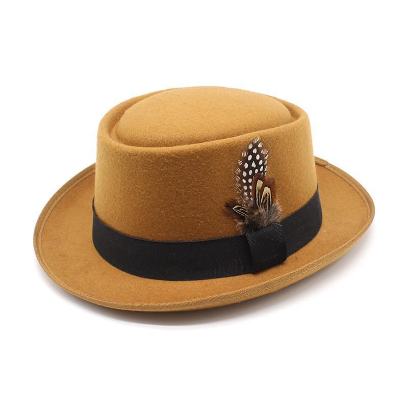 

Hat Female British Autumn and Winter Retro Korean Version Fashion Versatile Jazz Hat Flat Top Woolen Feather French Top Hat M（56-58cm） хакі