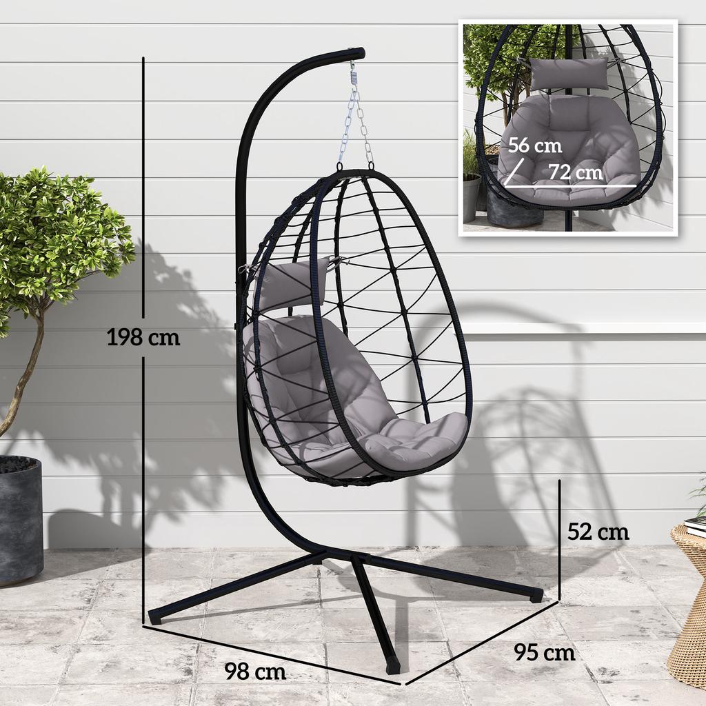 Hanging Egg Chair Outdoor Indoor Garden Swing Chair with Folding Basket, Thickened Cushion, Garden Hanging Chair with Stand, Headrest for Patio