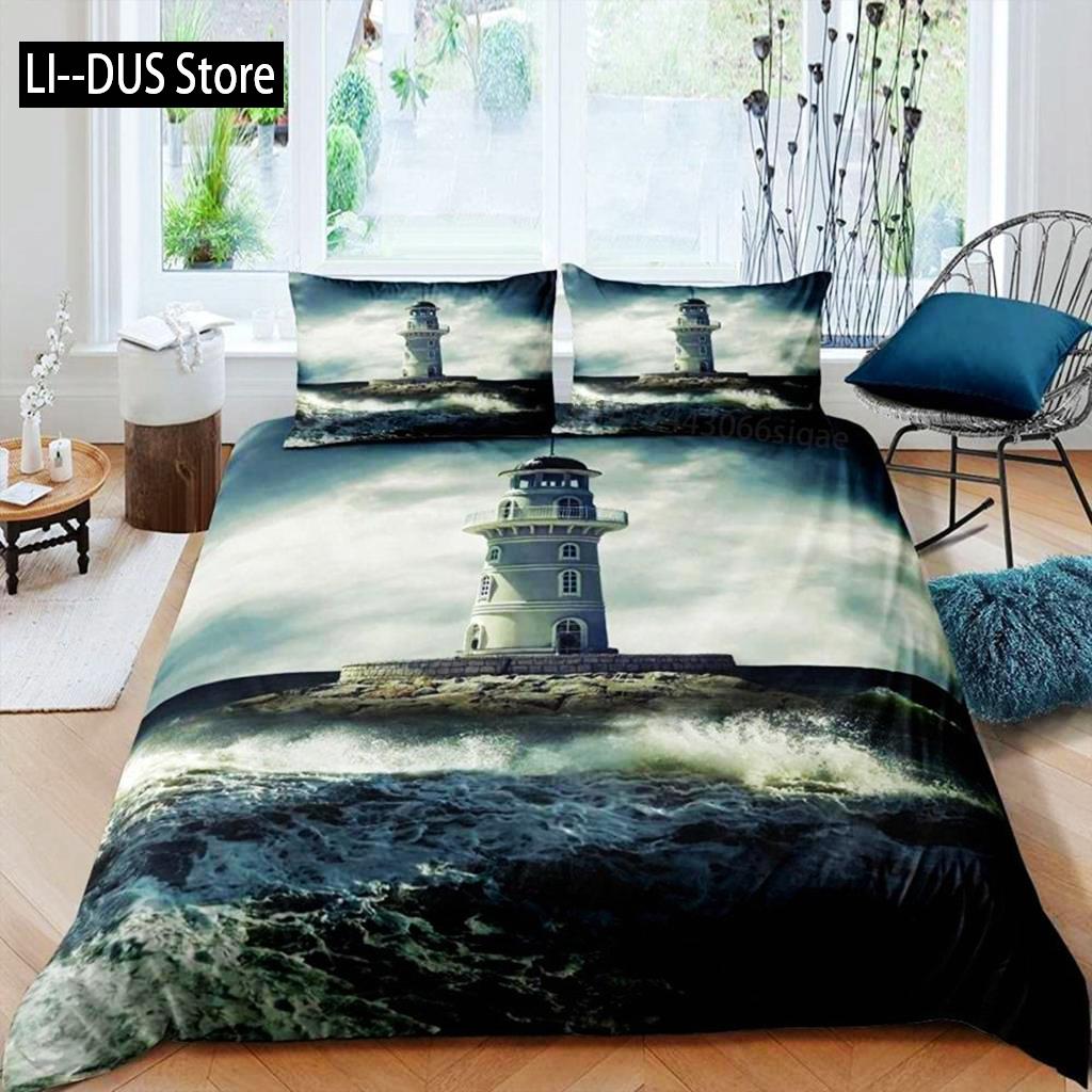 Lighthouse Duvet Cover Set Nautical Surfing Ocean Wave Bedding Set Queen Polyester Coastal Nature Theme Quilt Cover For Kids Boy