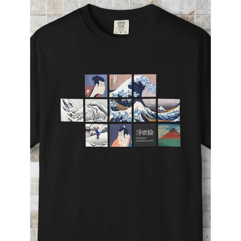 Japanese Ukiyo E Art T Shirt | Great Wave, Kabuki Actor, Mt Fuji, Japan Graphic Tee, Vintage Woodblock Collage, Hokusai, Sharaku, Hiroshige | Stylish