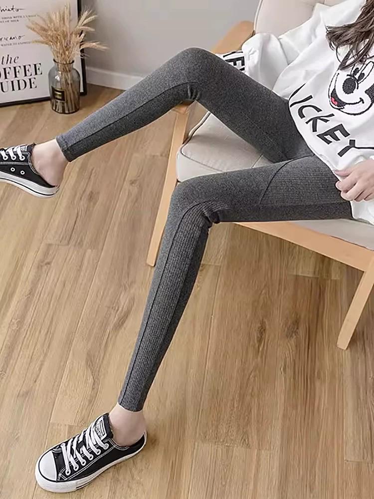Gray High-Waist Ribbed Leggings for Women – Versatile, Slimming, Plus Size, Stretchy Patchwork Pants for Spring & Autumn