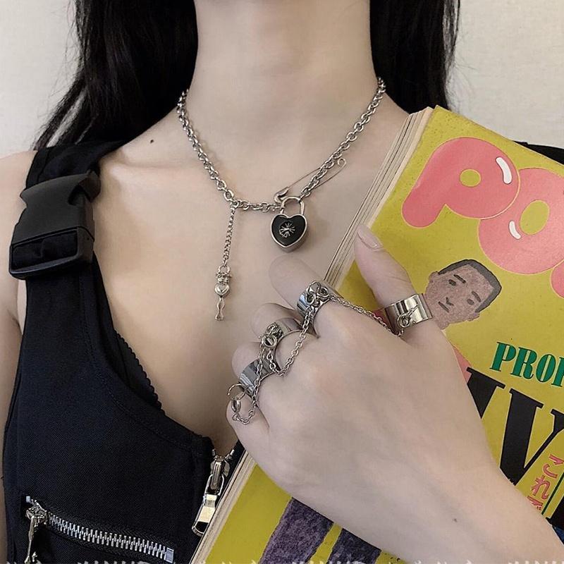 Net Celebrity Bungee Chain Combination Ring Punk Fan Opening Male and Female One-piece Dark Ring Index Finger Ring