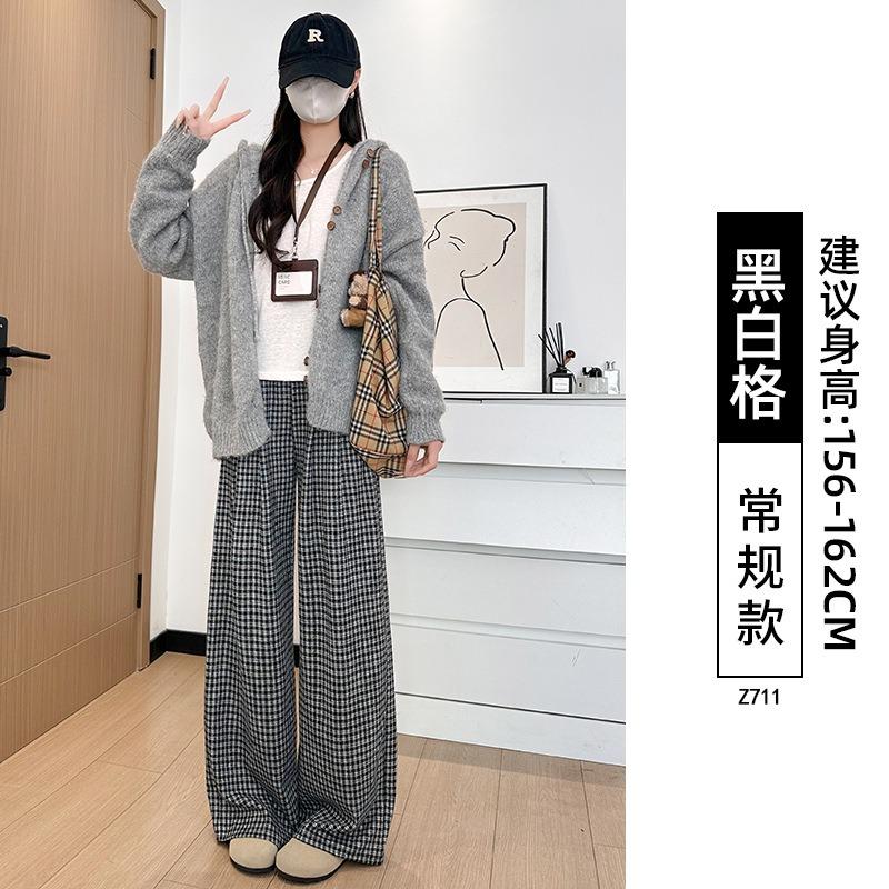 Black Plaid Pants Women's Pants New Autumn and Winter Thickened Straight Loose and Thin Small Casual Wide-leg Pants