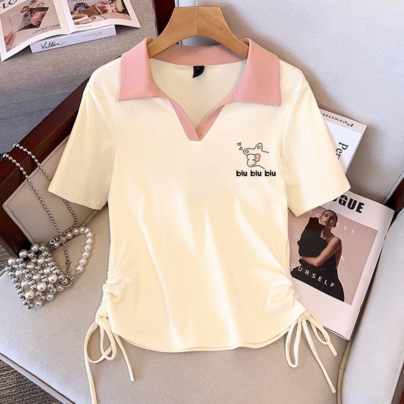 

Plus Size Women s Polo Collar V-Neck T-Shirt - Summer 2025 Short Sleeve, Slimming, Tummy Covering, Loose Fit, French Style. L [Recommended 90-105 jin]