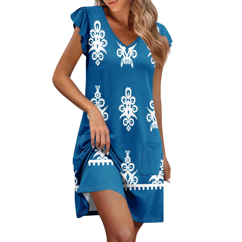 Womens Summer Dress Ruffle Sleeve V Neck Short Dresses Fashion Casual Flowy A Line Swing Sundress With Pocket