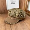 Maillard Style Leopard Print Newsboy Hat Women's Autumn and Winter Navy Hat Metal Buckle Embellishment Face Shape Retro Octagonal Hat
