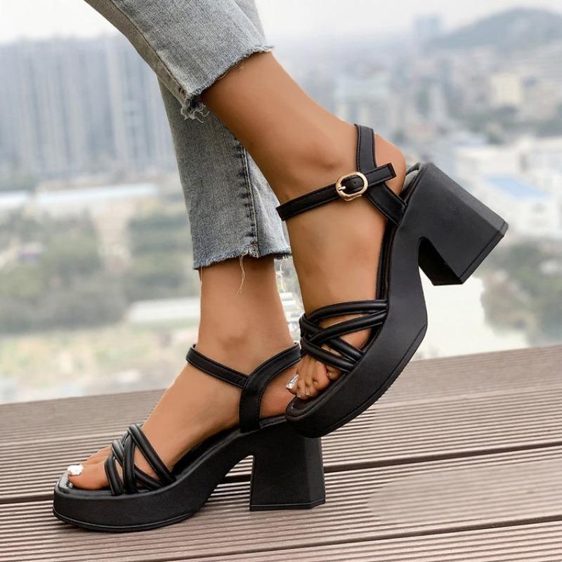 Fashion 2025 New Fashion Summer Open Round Toe Bottom Buckle Shallow Mouth Casual Thick High Heel Large Women's Sandals 35-42