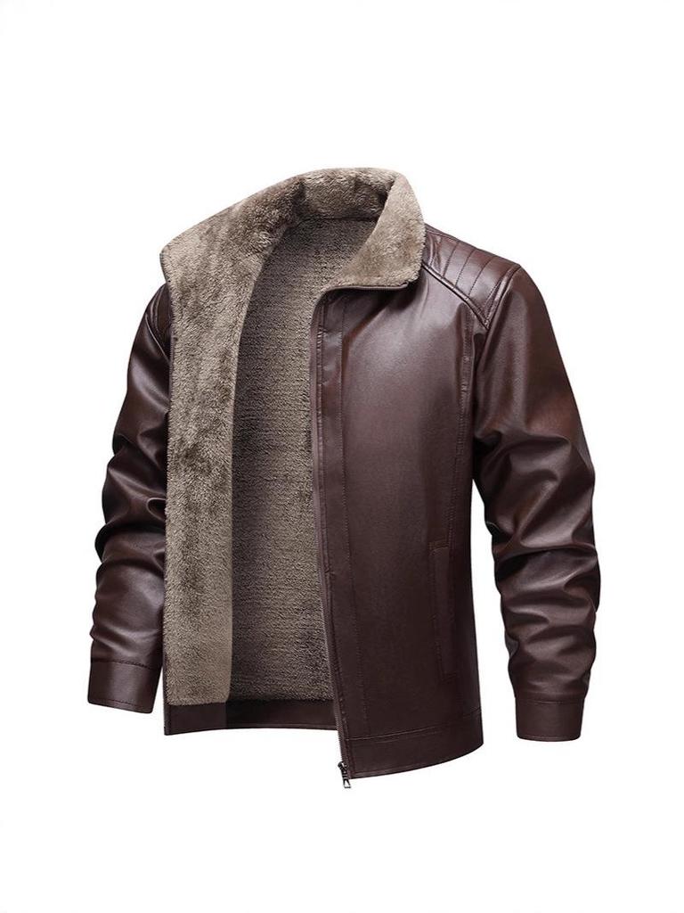 Herren Lederjacke mit dickem Fleece-Futter, Herbst/Winter 2025, Leichter Business Casual Mantel mit Karreekragen, Modisch & Vielseitig.