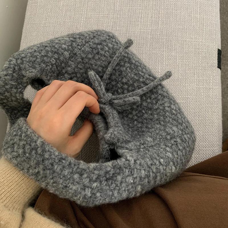 Knitted Tote Bag For Women Soft Shoulder Bag Daily Commuter Versatile All Match Handbag Double Sided Bow Underarm Purse