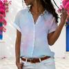 Women Plus Size Short Sleeve Button Down Shirt Nebula Galaxy Star Print Turn Down Collar Casual Loose Blouse For Daily Summer Wear