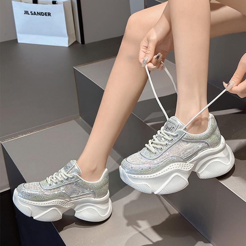 Fashion Casual Leather Casual Shoes Rhinestones High Top Sneakers Chunky Sneakers New Women's Designer Punk Shoes Size 35-40