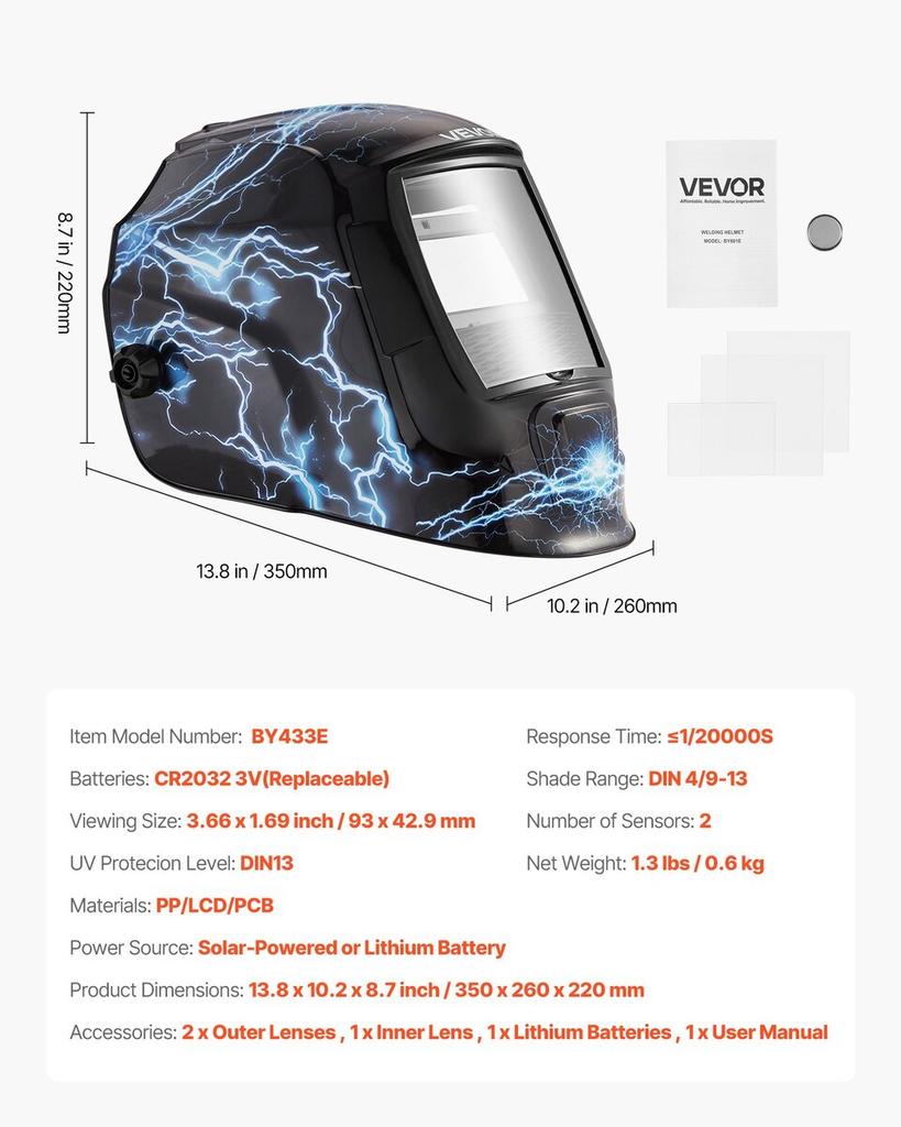 Welding Helmet Auto Darkening, 93 X 43 Mm True Color Welding Hood, Solar Powered Welder Mask 2 Arc Sensors, Shade 4/9-13 for TIG MIG ARC Weld Grinding