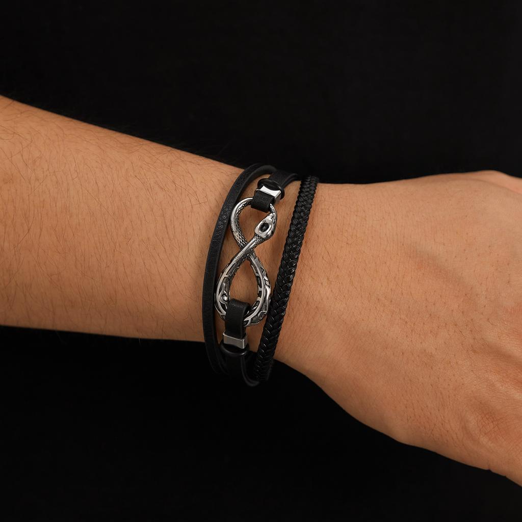 Retro Style Leather Bracelet Men's Stainless Steel Personality Trend Multi-layer Woven Snake Shaped Titanium