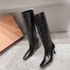 Fashion Stone Pattern Cowhide Black Apricot Knee High Boots Women Autumn Winter Low Heels Square Toe Long Boots Retro Size 34-44 Shoes